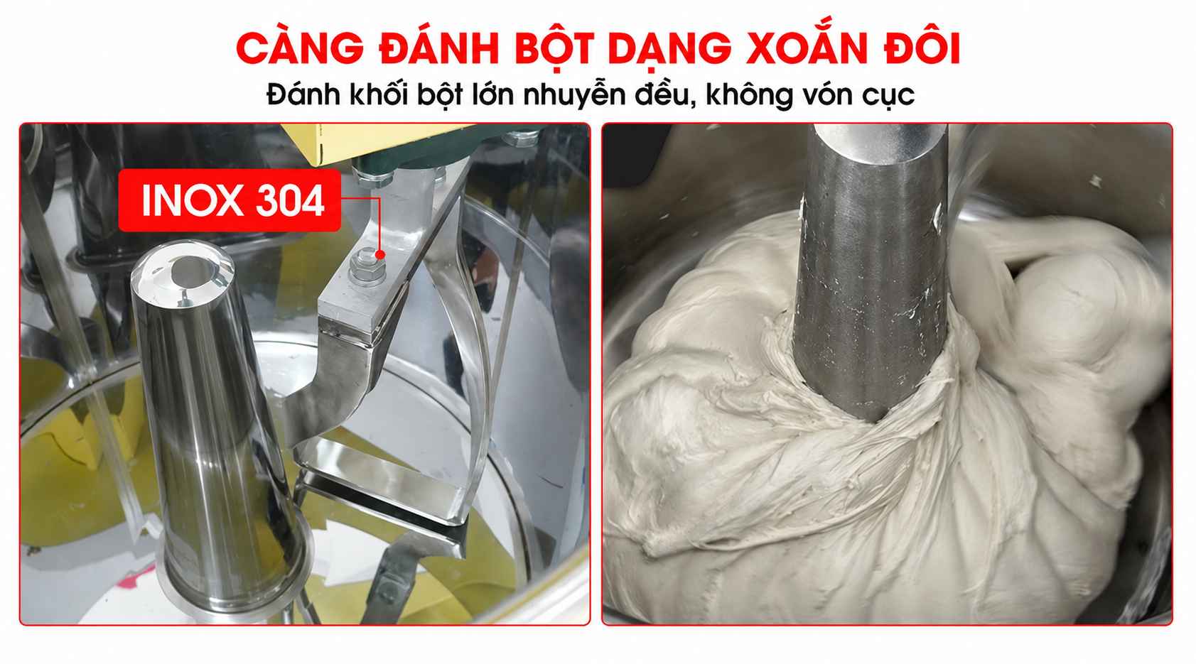 Máy Trộn Bột Mì Việt Nam 20Kg/Mẻ (Khung Sắt Phun Sơn) Thiết kế càng đánh bột dạng xoắn đôi, đánh bột nhuyễn mịn, không vón cục