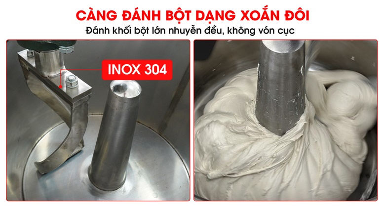 Càng đánh bột thiết kế dạng xoắn đôi chắc chắn, chất liệu inox 304