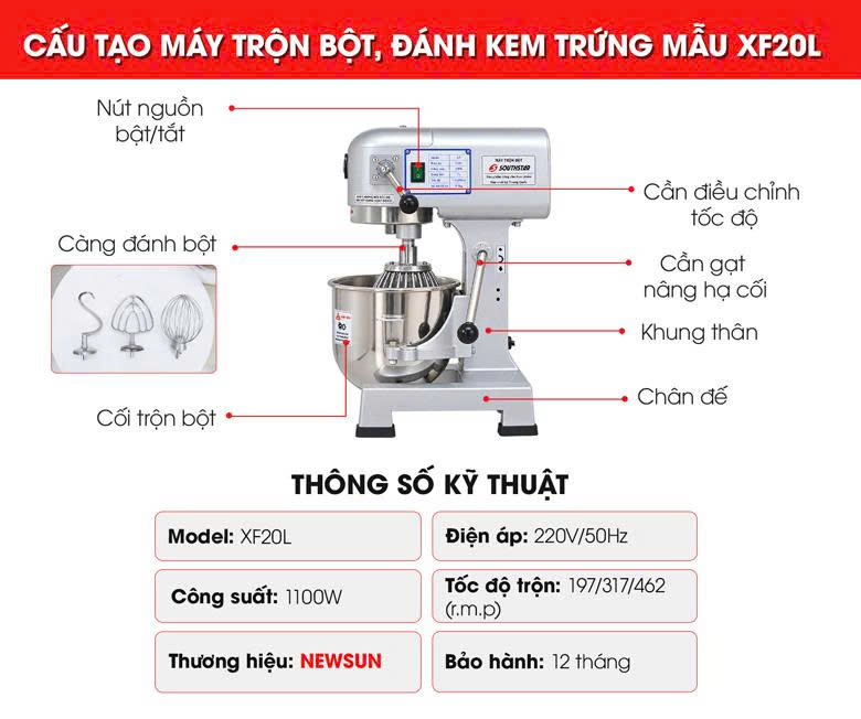 Cấu tạo máy trộn bột đánh kem trứng XF 20 lít