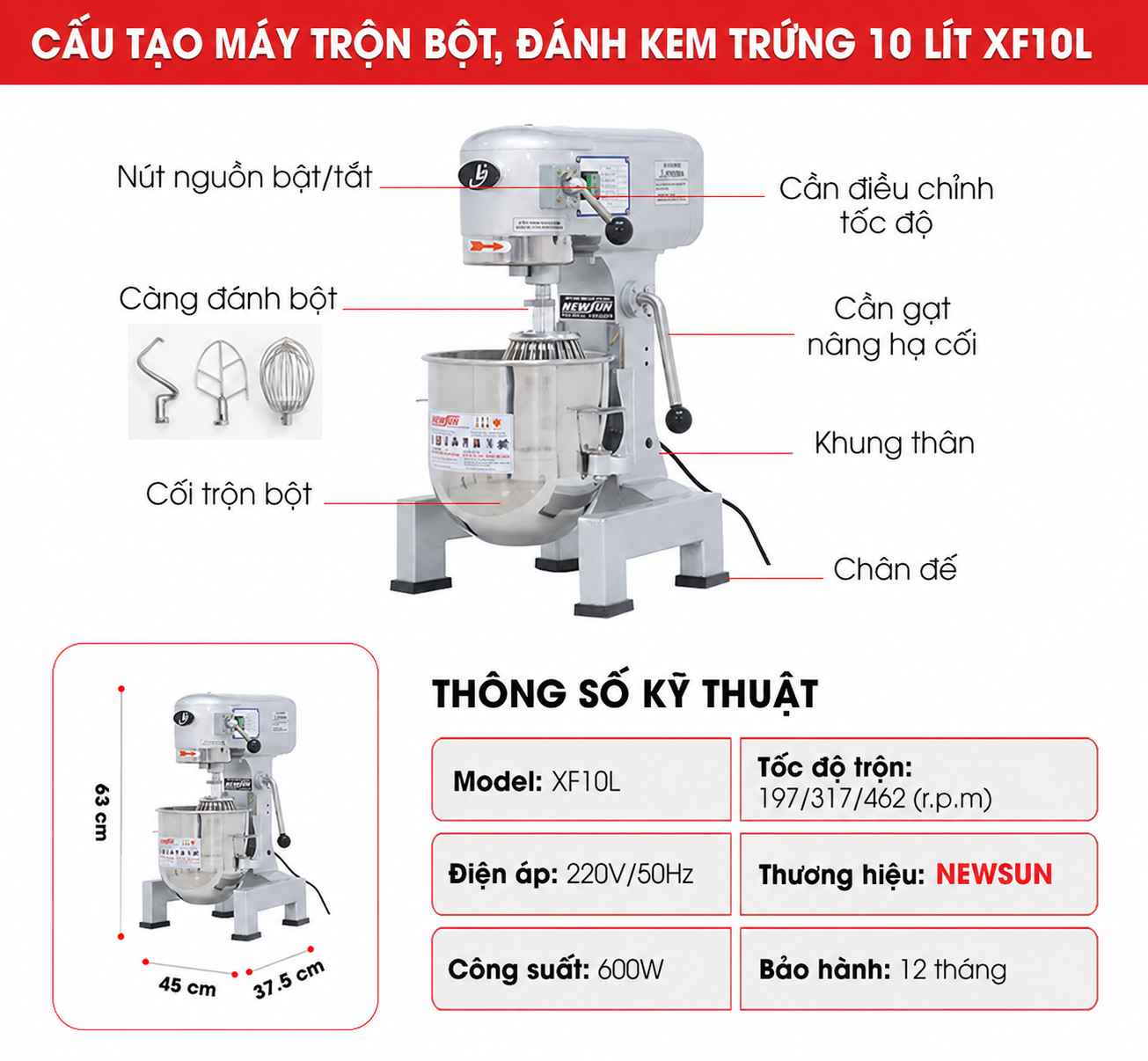 Cấu tạo máy trộn bột đánh kem trứng 10 lít mẫu LC