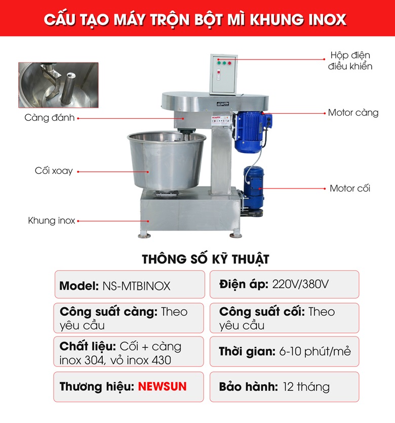 Cấu tạo máy trộn bột mì công nghiệp khung inox