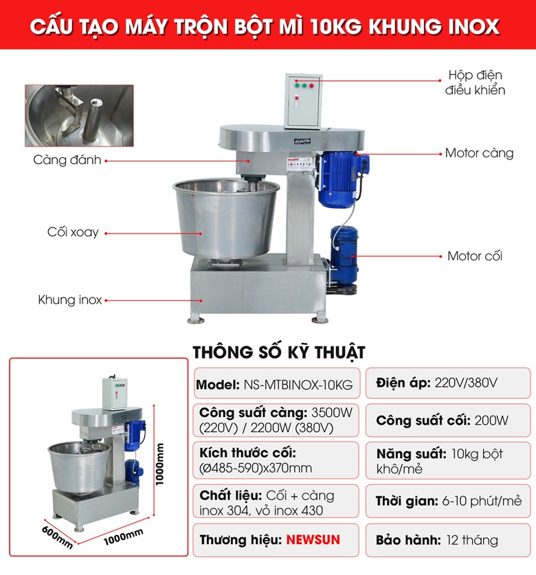 Cấu tạo máy trộn bột mì khung inox 10kg