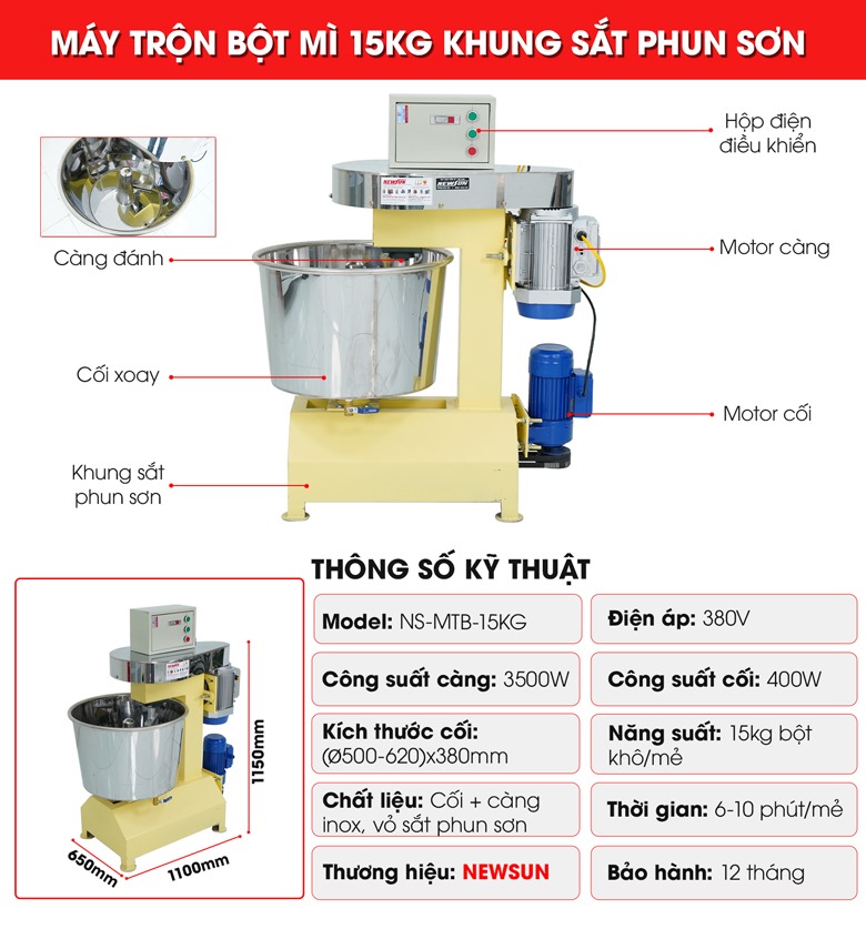 Cấu tạo máy trộn bột công nghiệp khung sắt phun sơn 15kg