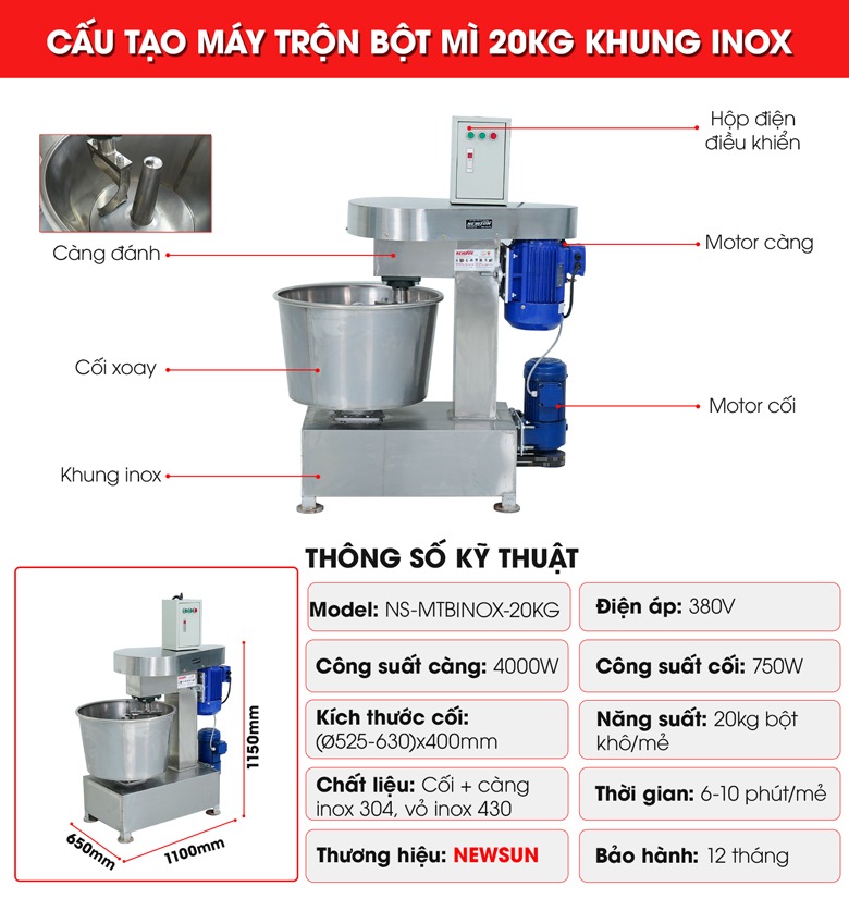 Cấu tạo máy trộn bột khung inox 20kg Cấu tạo máy trộn bột khung inox 20kg