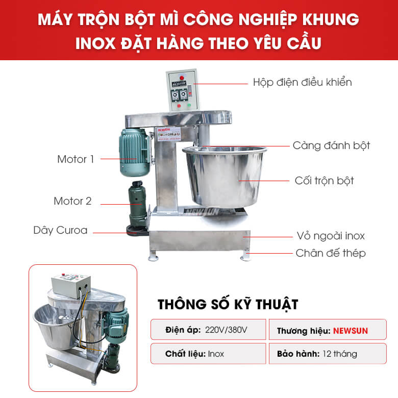 Cấu tạo máy trộn bột mì công nghiệp khung inox đặt hàng theo yêu cầu