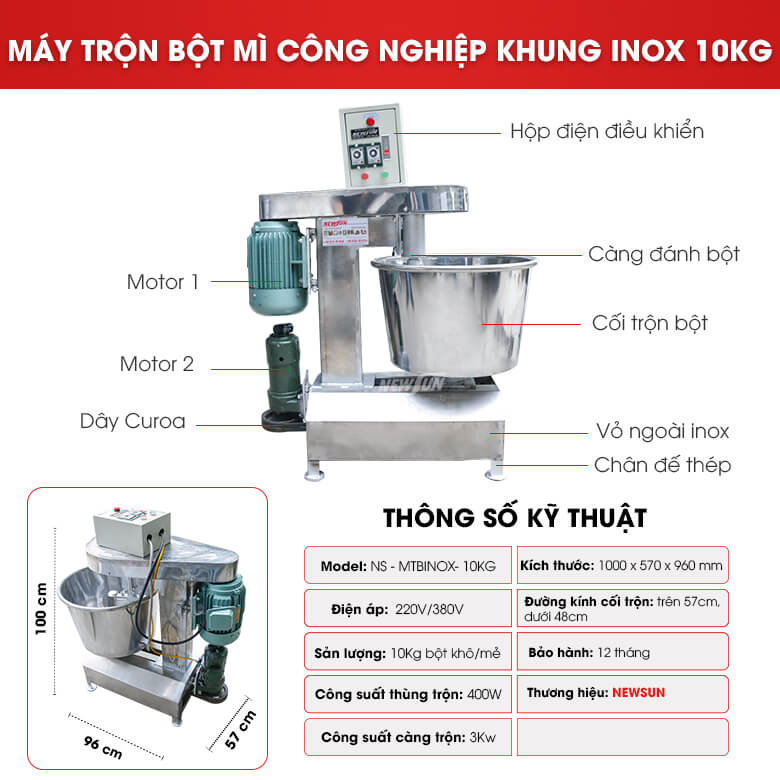 Cấu tạo máy trộn bột mì khung inox 10kg