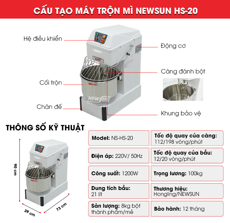 Cấu tạo máy trộn mì NEWSUN HS-20