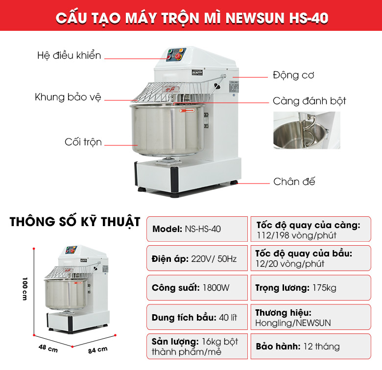 Cấu tạo máy trộn mì NEWSUN HS-40