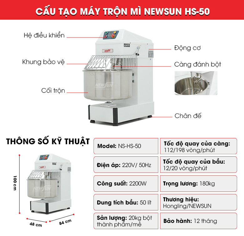 Cấu tạo máy trộn mì NEWSUN HS-50