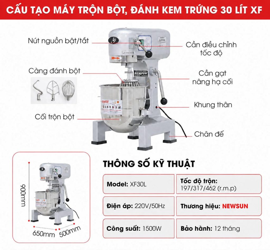 Cấu tạo máy trộn bột đánh kem trứng XF 30 lít