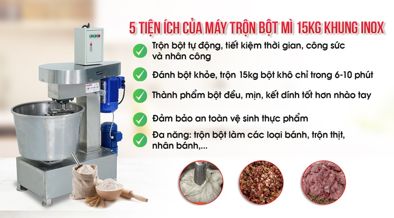 Lợi ích máy trộn bột mì Việt Nam 15kg/mẻ (Khung inox) Lợi ích máy trộn bột mì Việt Nam 15kg/mẻ (Khung inox)
