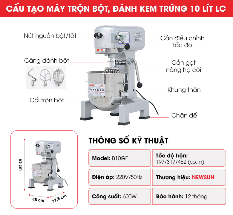 Cấu tạo máy trộn bột đánh kem trứng LC 10 lít