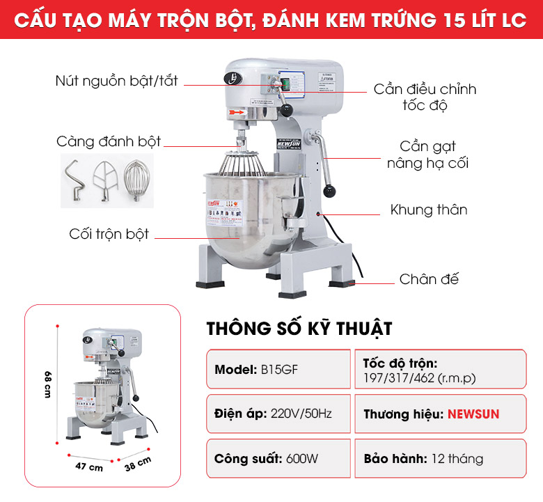 Cấu tạo máy trộn bột đánh kem trứng LC 15 lít