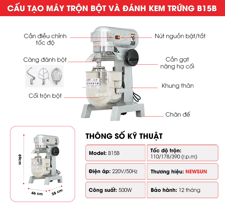 Cấu tạo máy trộn bột đánh kem trứng B15B