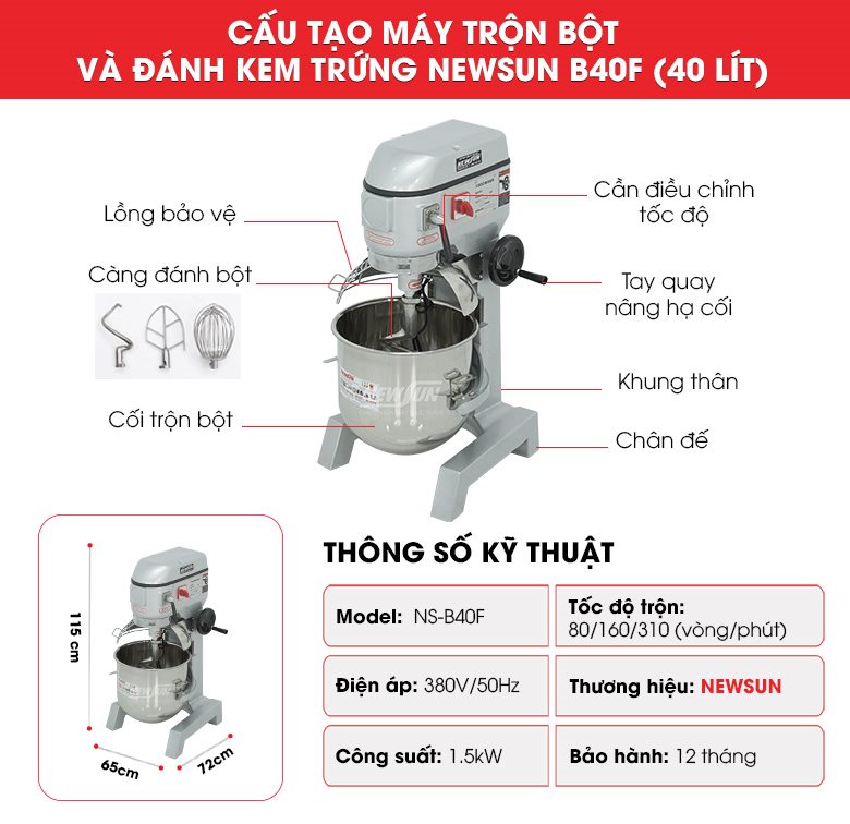 Cấu tạo máy trộn bột và đánh kem trứng B40F