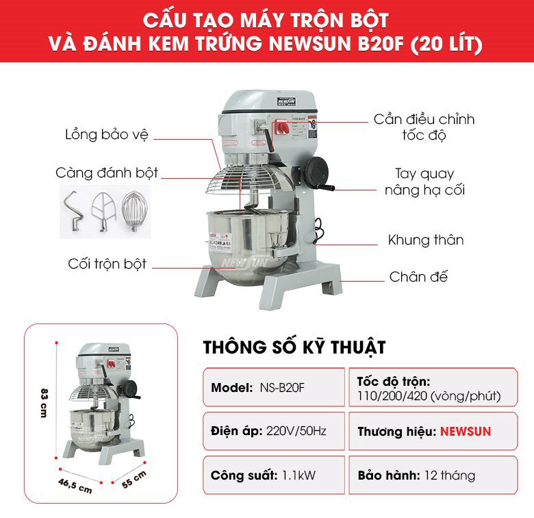 Cấu tạo máy trộn bột và đánh kem trứng B20F