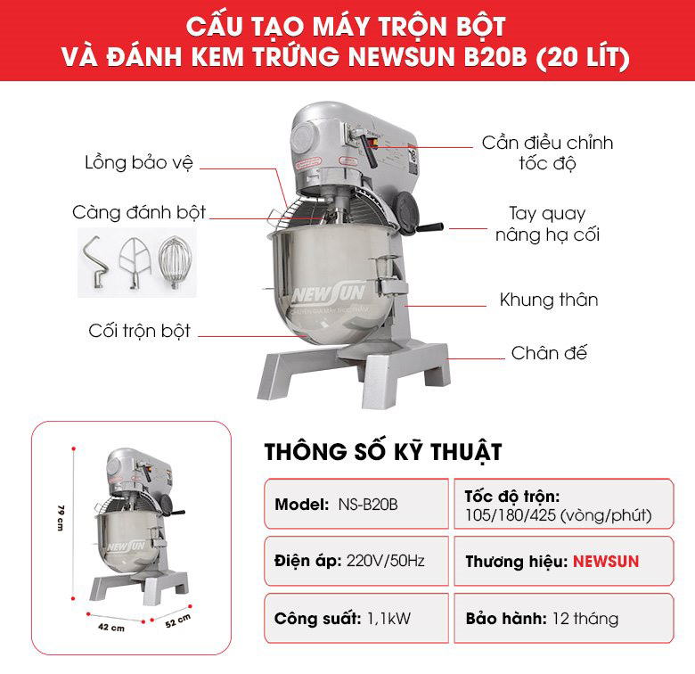 Cấu tạo máy trộn bột và đánh kem trứng B20B NEWSUN