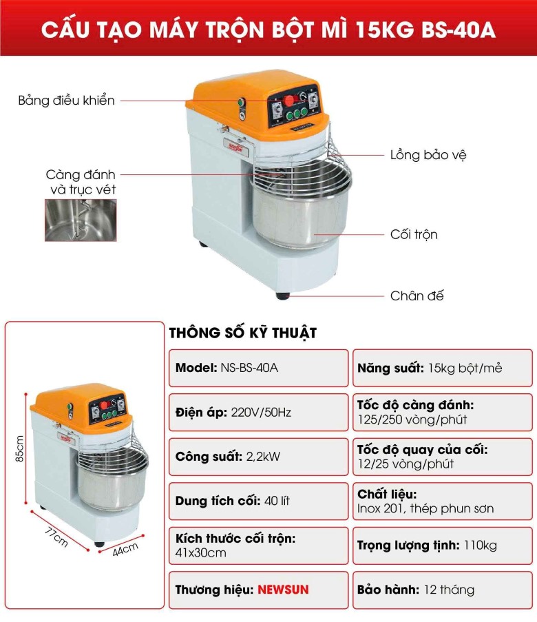 Cấu tạo chi tiết của máy trộn bột mì BS-40A 15kg